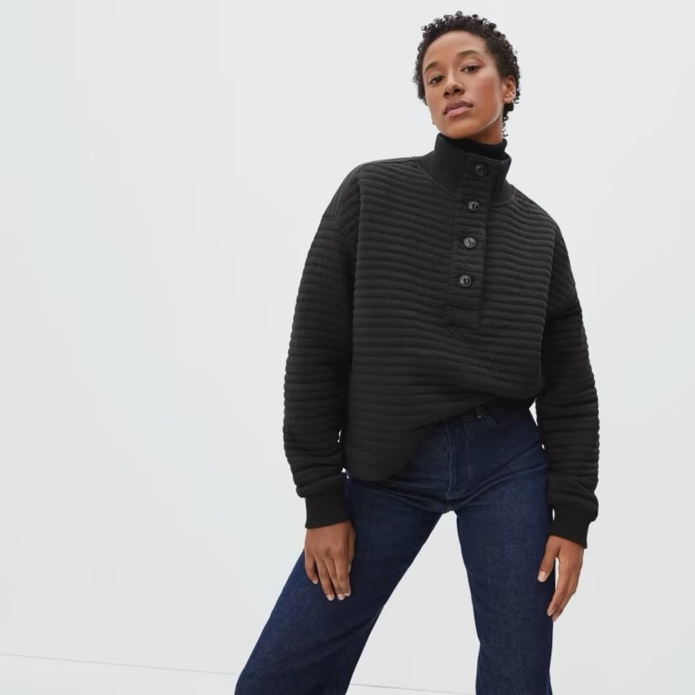 EVERLANE The Organic Cotton Quilted Mockneck Button Front Black Size XXS NEW